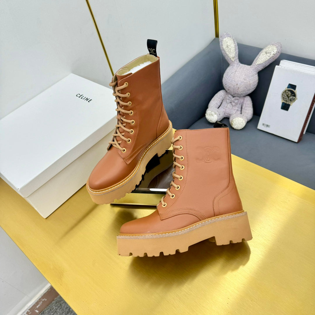 Celine 26s Bulky Lace-up Boot Brown Calfskin 987336