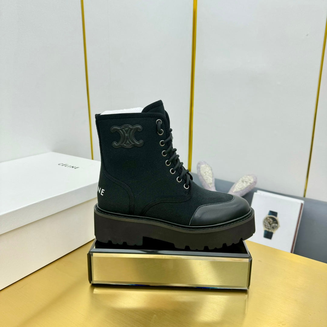 Celine 26s Bulky Lace-up Boot Black Canvas Calfskin 987337