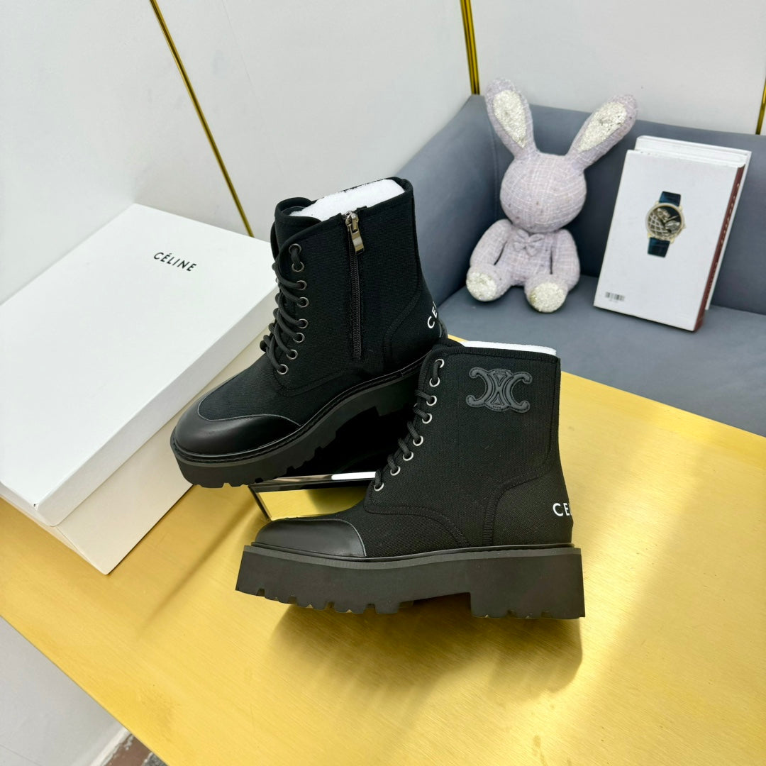 Celine 26s Bulky Lace-up Boot Black Canvas Calfskin 987337