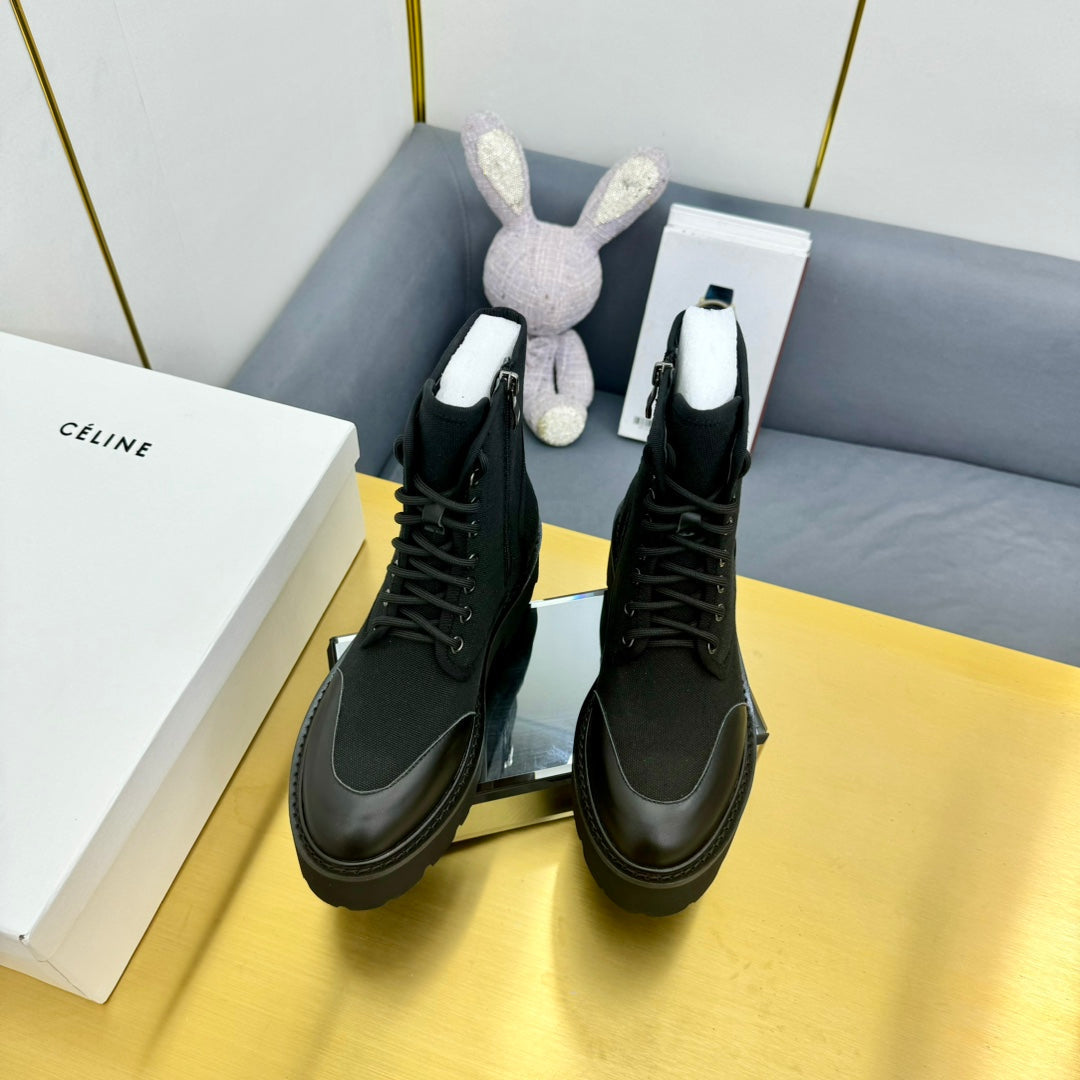 Celine 26s Bulky Lace-up Boot Black Canvas Calfskin 987337