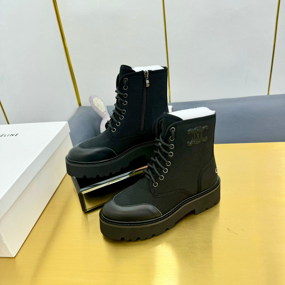 Celine 26s Bulky Lace-up Boot Black Canvas Calfskin 987337