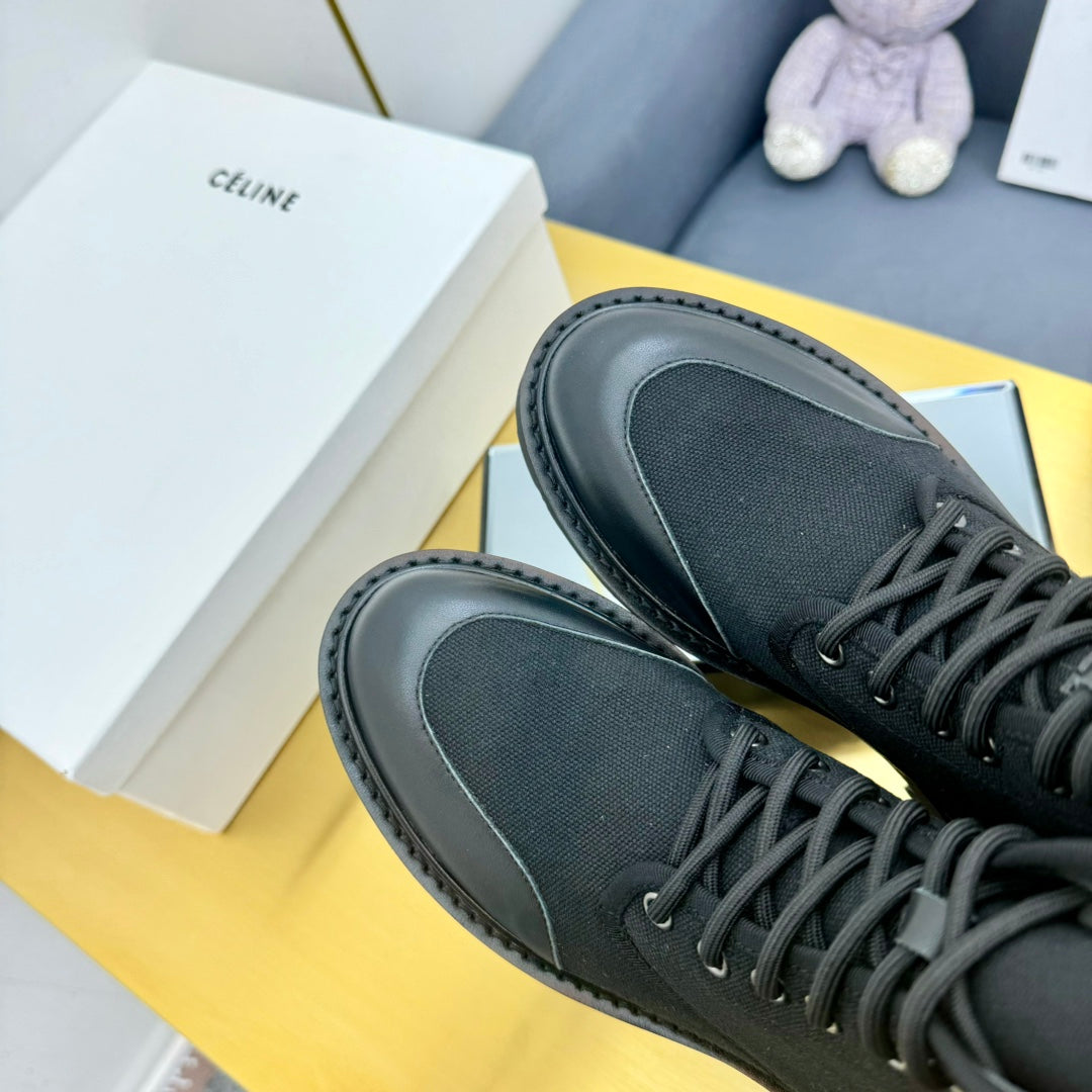 Celine 26s Bulky Lace-up Boot Black Canvas Calfskin 987337