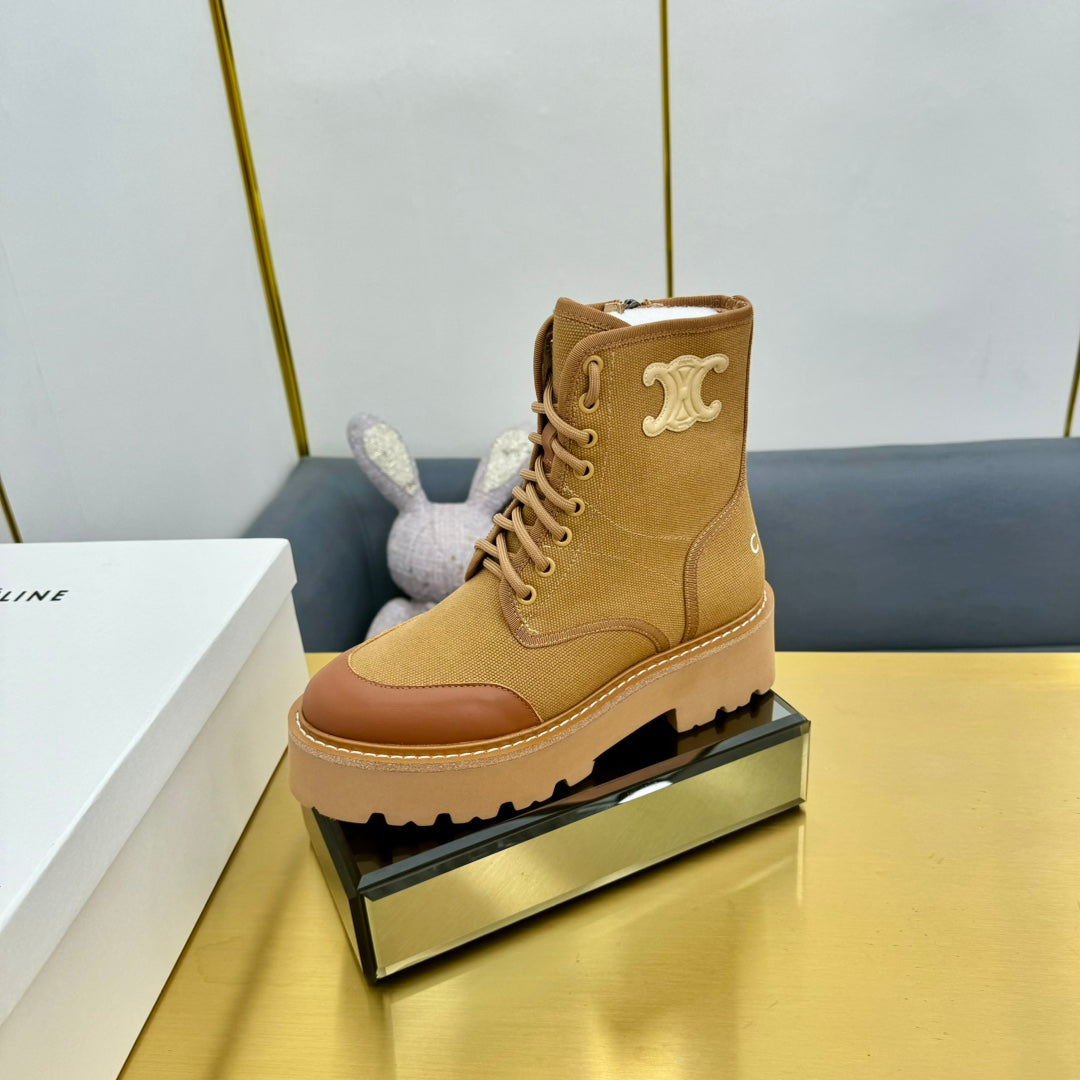 Celine 26s Bulky Lace-up Boot Khaki Canvas Calfskin 987338