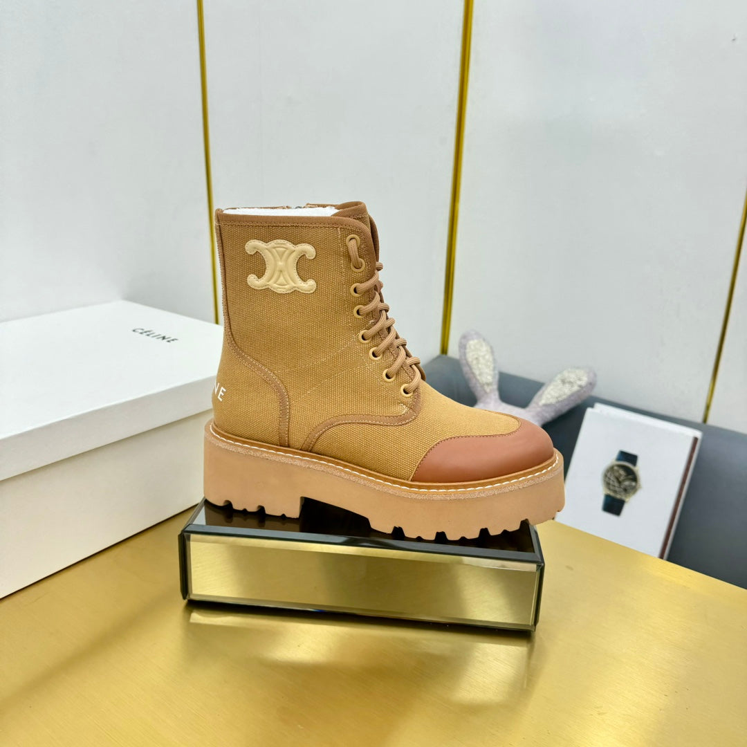 Celine 26s Bulky Lace-up Boot Khaki Canvas Calfskin 987338