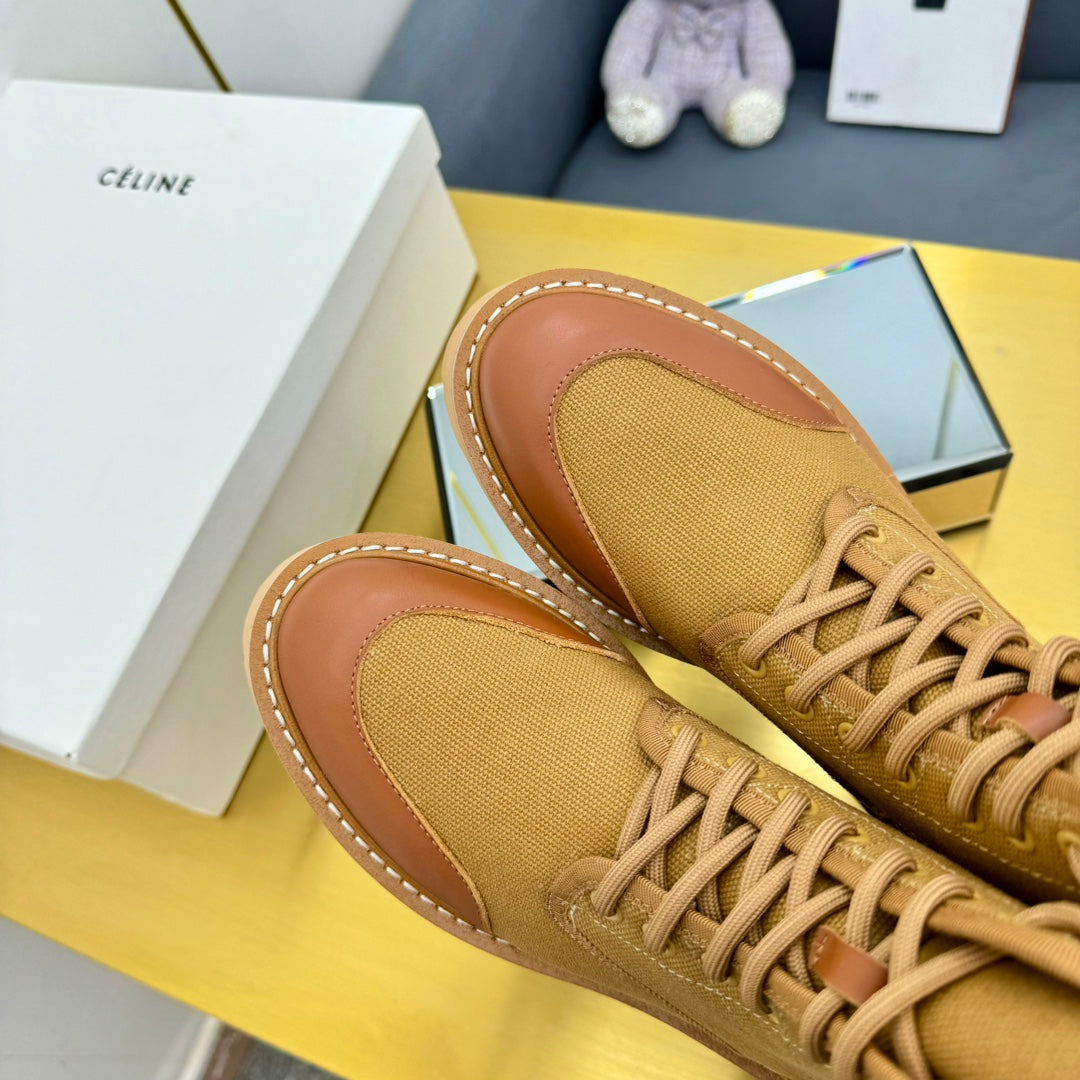 Celine 26s Bulky Lace-up Boot Khaki Canvas Calfskin 987338
