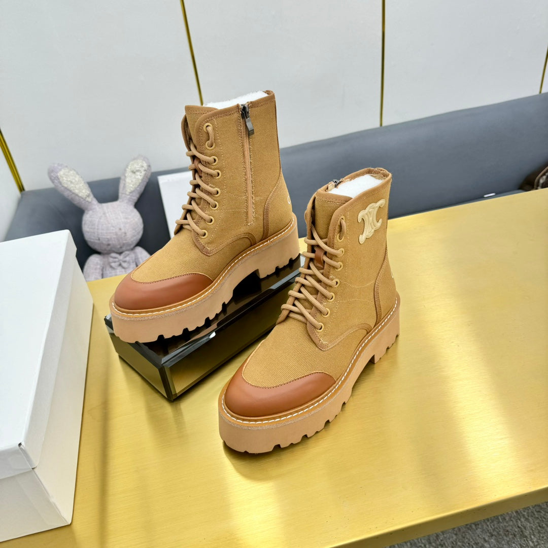 Celine 26s Bulky Lace-up Boot Khaki Canvas Calfskin 987338