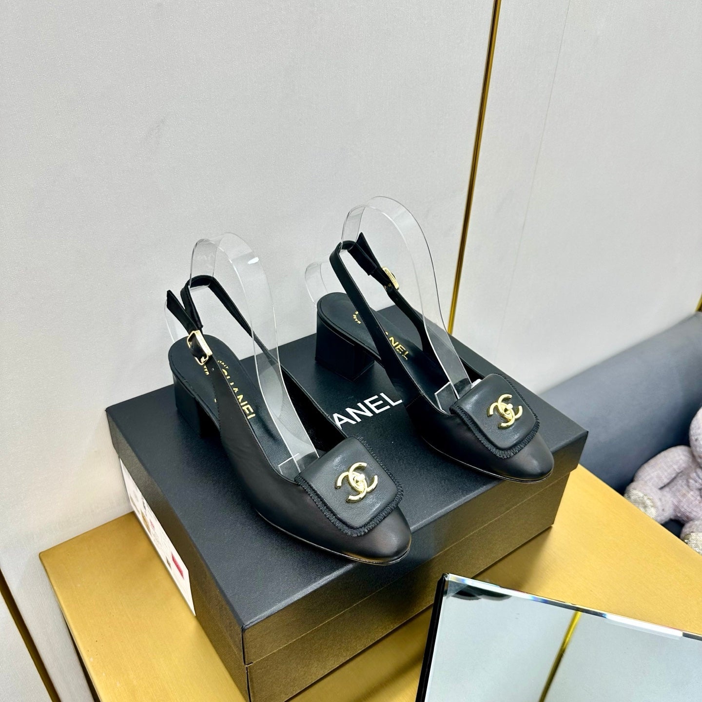 CC Slingback 25s In Black Calfskin With Gold Hardware