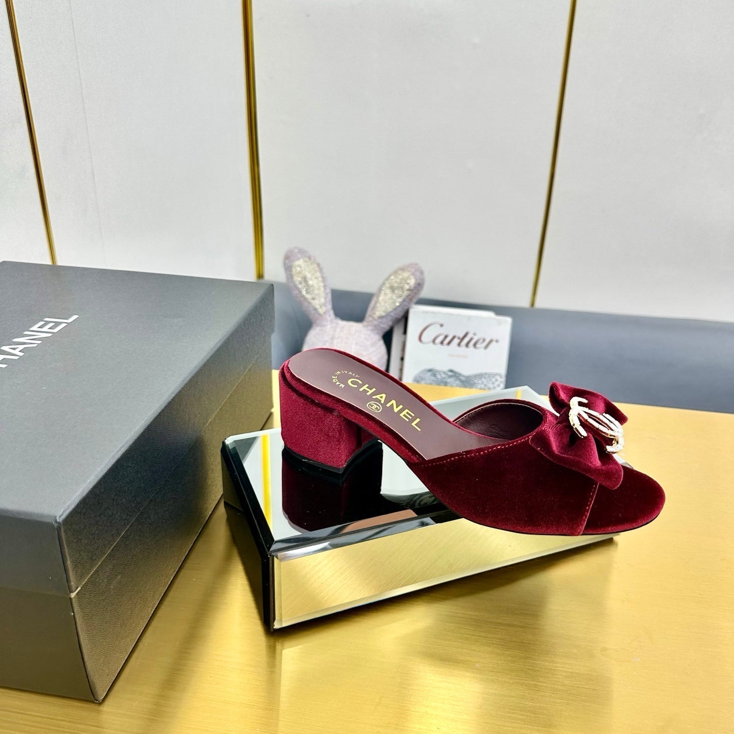 cc 25 bow mule sandal 50mm burgundy velvet 238479