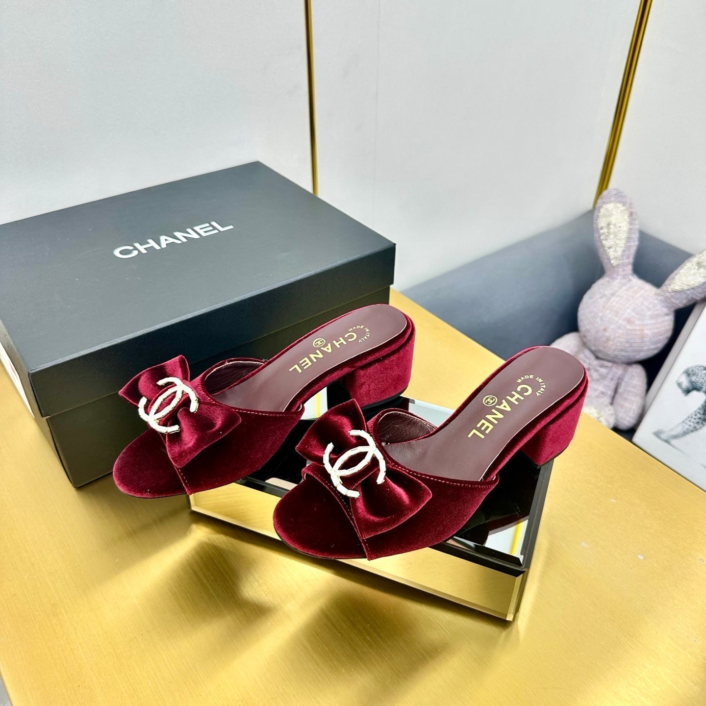 cc 25 bow mule sandal 50mm burgundy velvet 238479