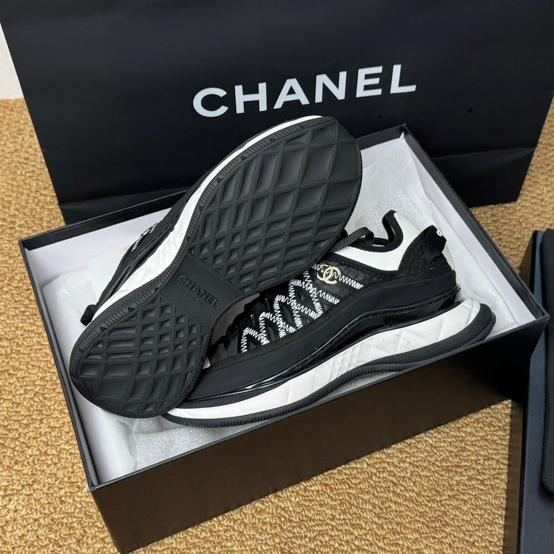 CC Sneaker Black Mix White Calfskin And Silk Parachute Fabric 947509