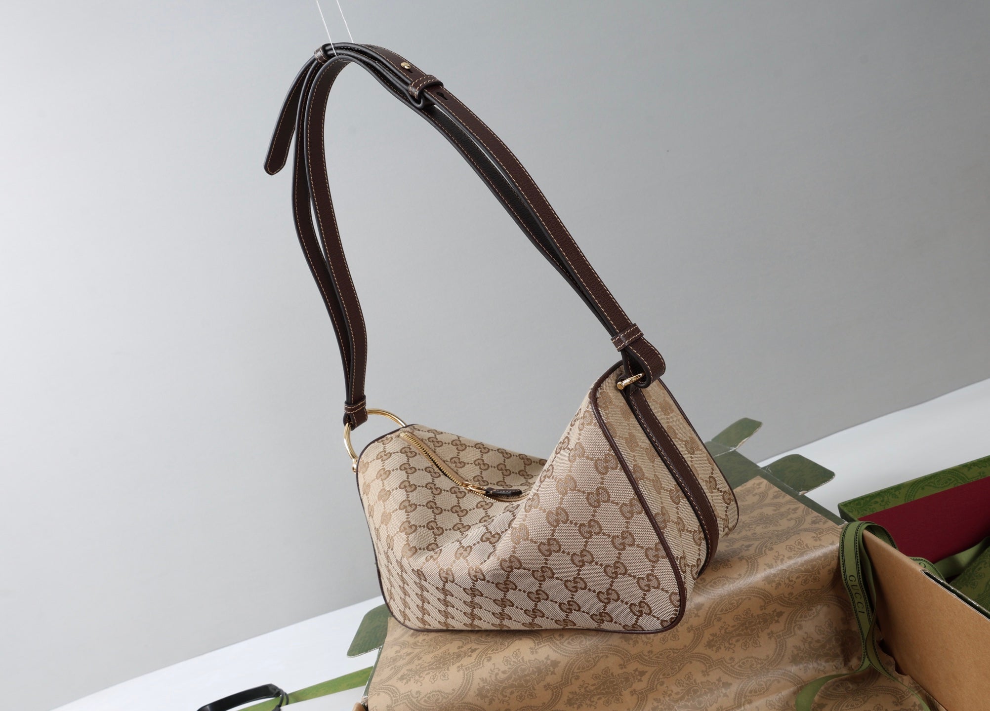 GG Half Horsebit Mini Shoulder Bag Beige Brown Canvas