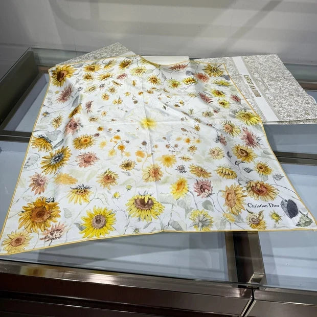 Dior 2026 Sunflower Scarf 70cm White Mix Yellow Silk 186953