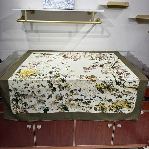 Dior 2026 Floral Scarf 140cm White Mix Moss Green Silk And Wool 190290