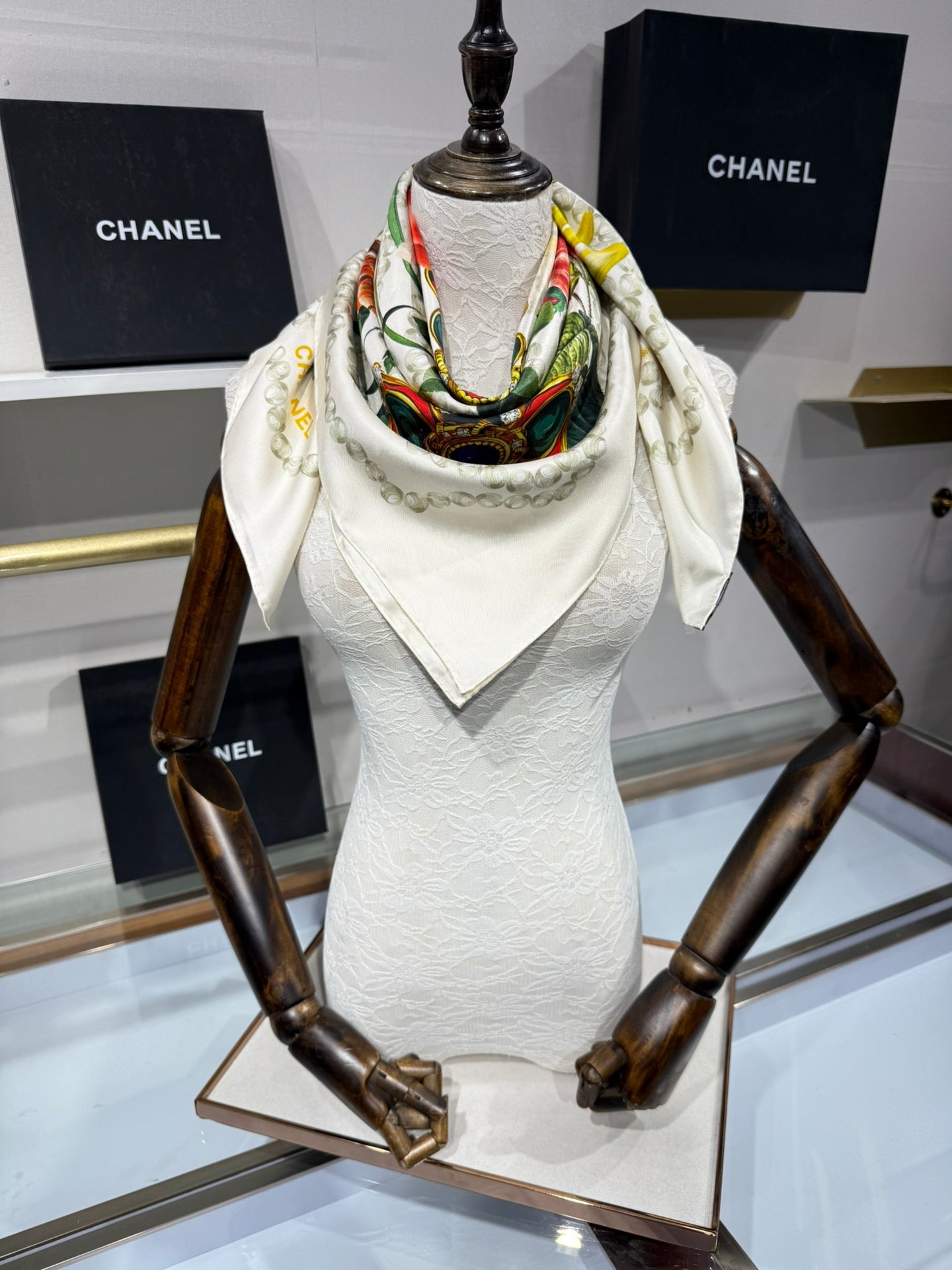 CC Bandana 90 Scarf White Colorful Silk Satin