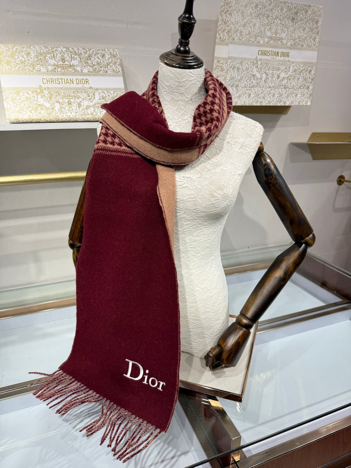 CD 26s Houndstooth Logo Scarf 180cm Burgundy Beige Wool Cashmere 217726