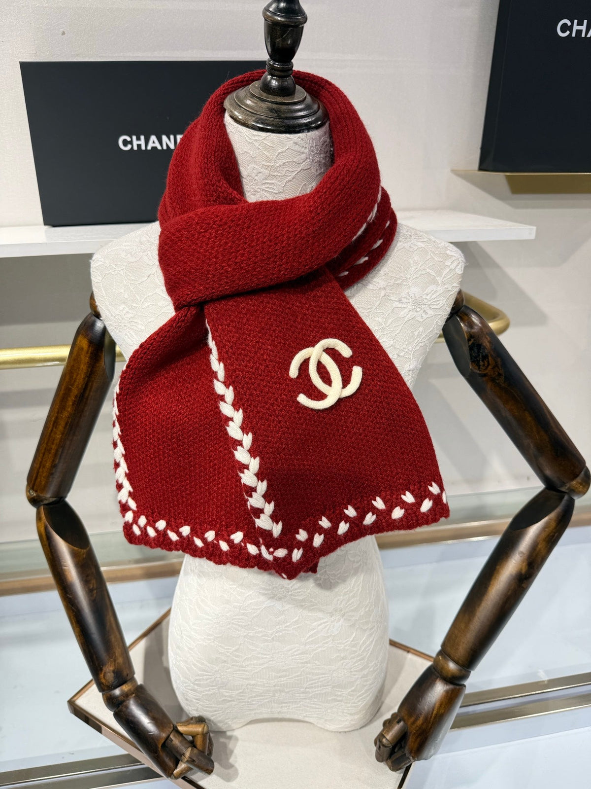 CC 26s Braided Border CC Logo Scarf 165x20cm Red Ivory Wool 218725
