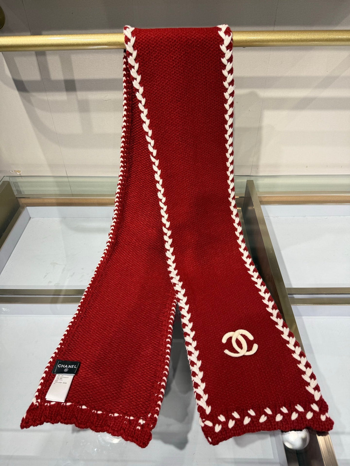 CC 26s Braided Border CC Logo Scarf 165x20cm Red Ivory Wool 218725
