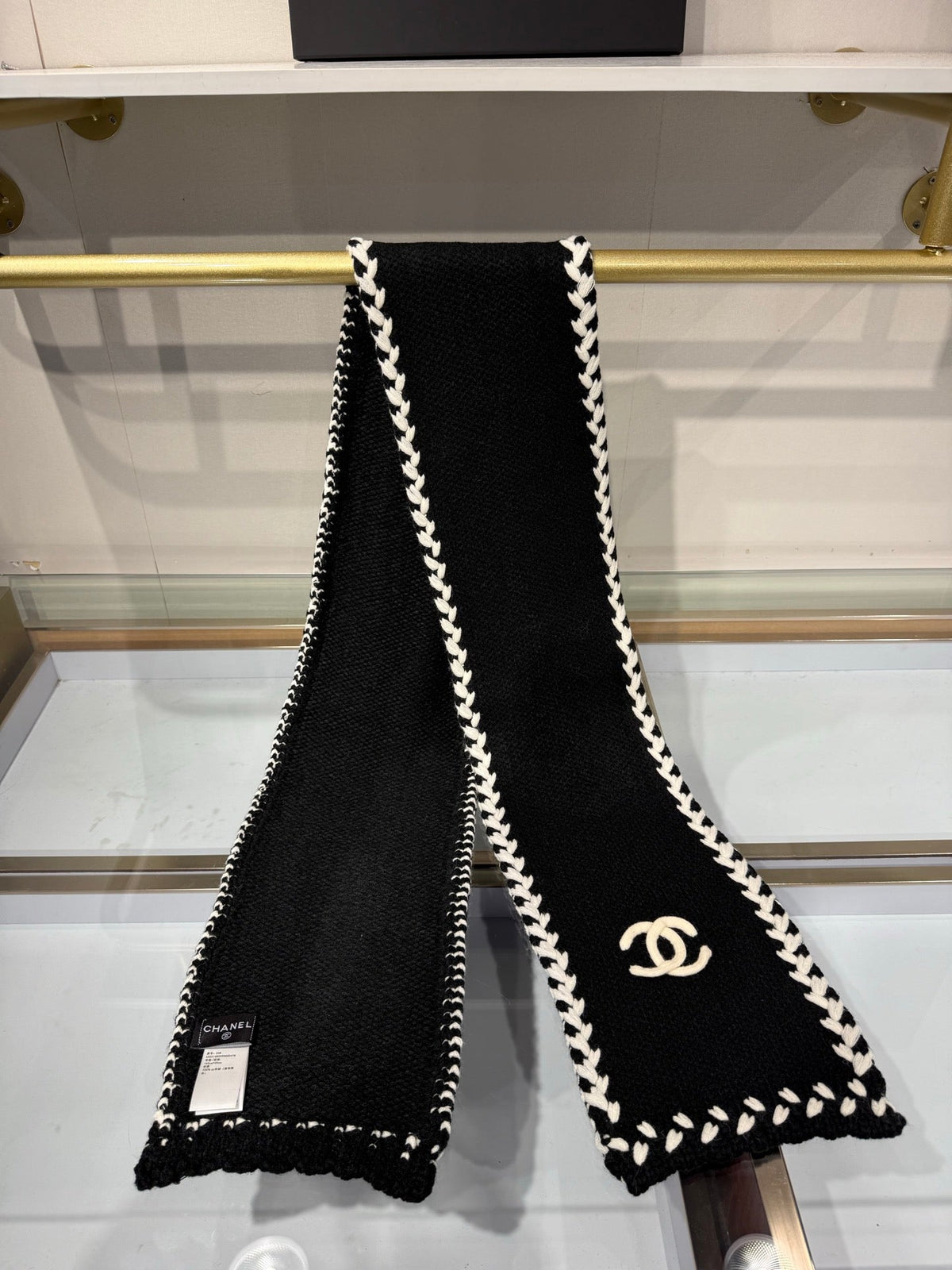 CC 26s Braided Border CC Logo Scarf 165x20cm Black Ivory Wool 218728
