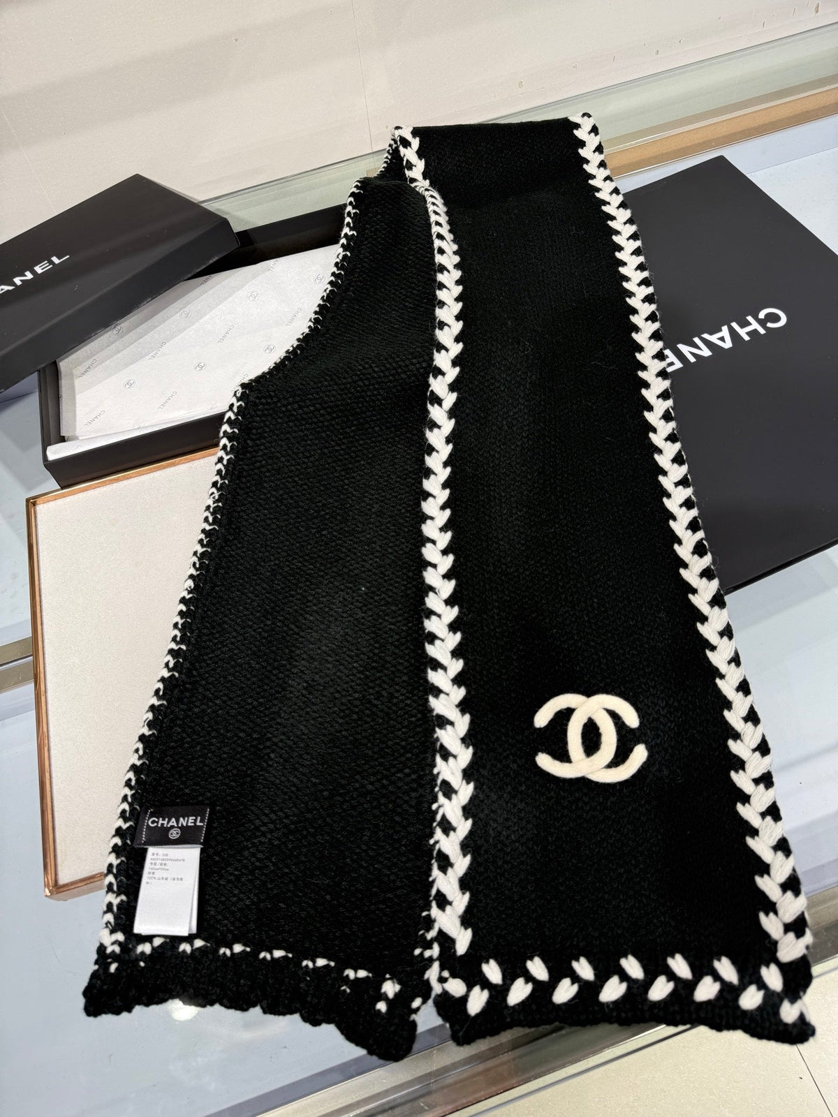 CC 26s Braided Border CC Logo Scarf 165x20cm Black Ivory Wool 218728