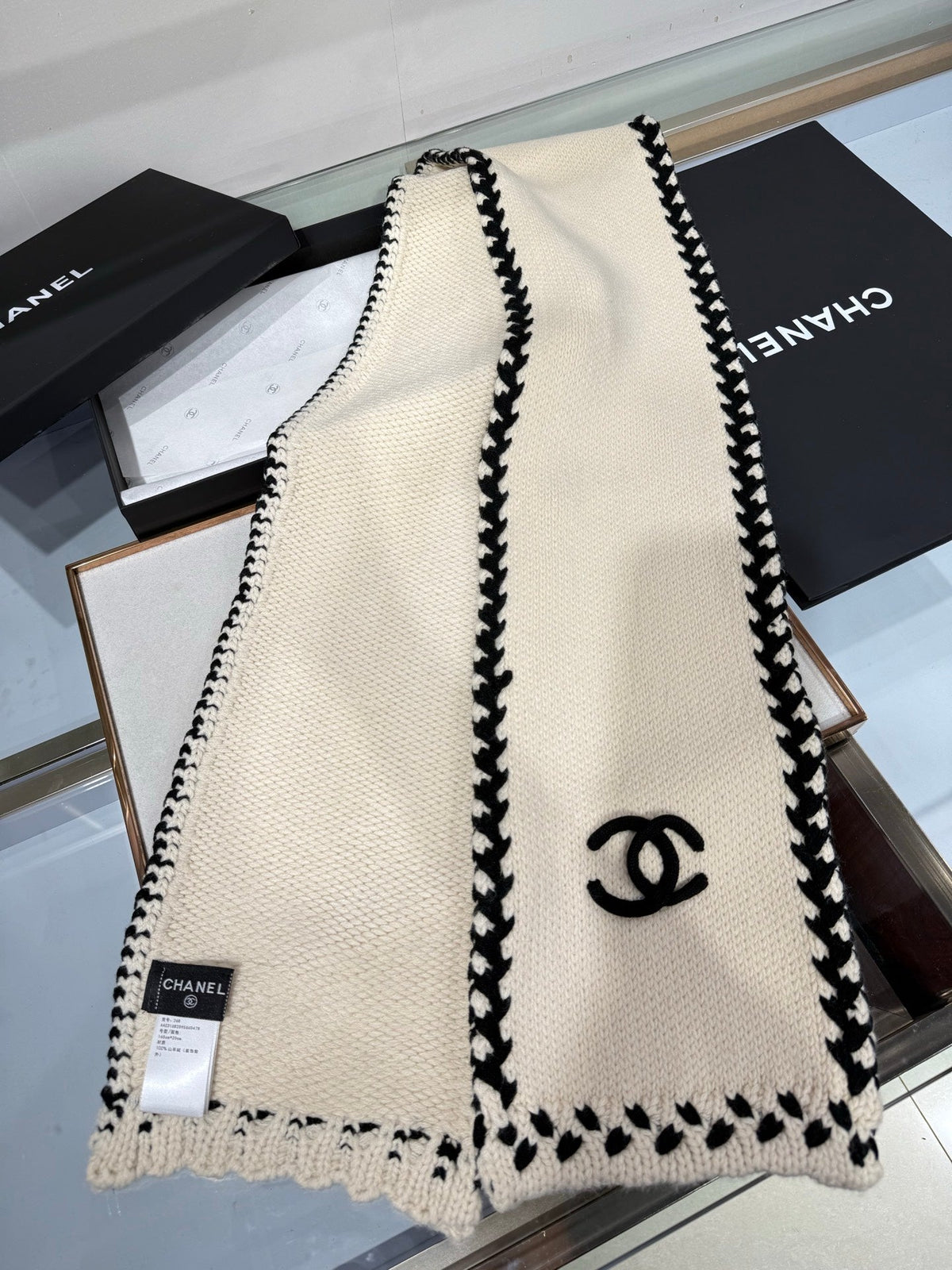 CC 26s Braided Border CC Logo Scarf 165x20cm Ivory Black Wool 218731