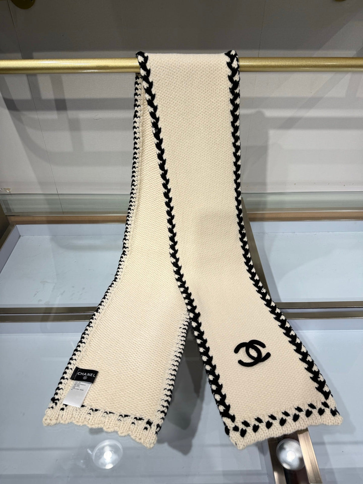 CC 26s Braided Border CC Logo Scarf 165x20cm Ivory Black Wool 218731