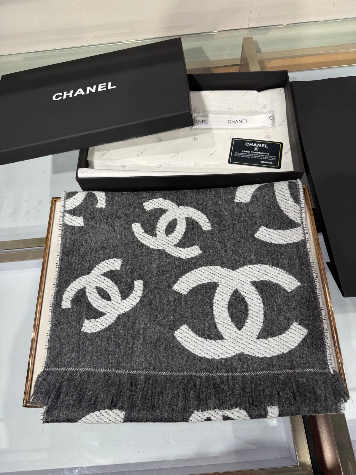 CC 26s CC Monogram Overlap Scarf 180cm Charcoal White Wool Cashmere 219027