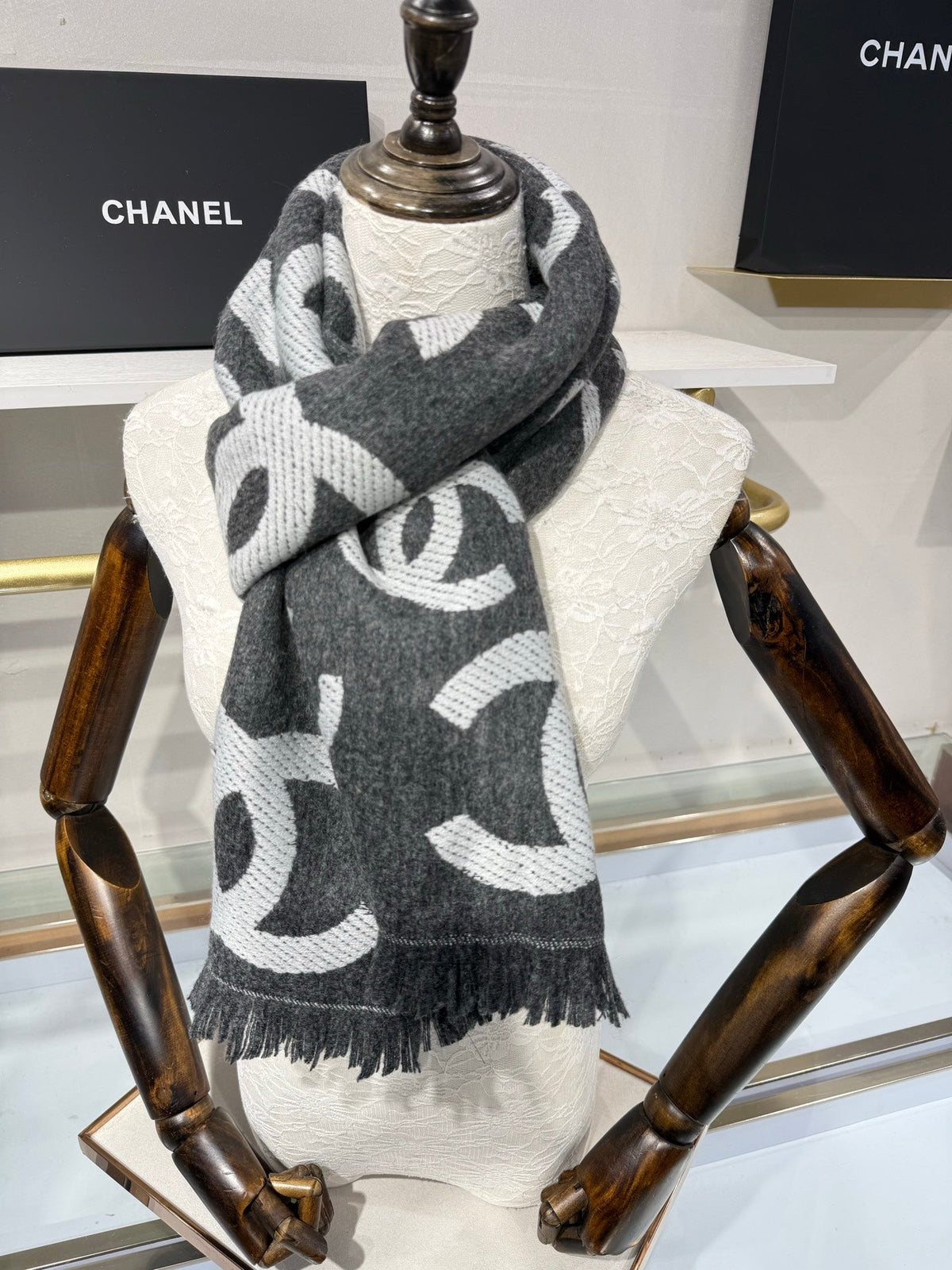 CC 26s CC Monogram Overlap Scarf 180cm Charcoal White Wool Cashmere 219027