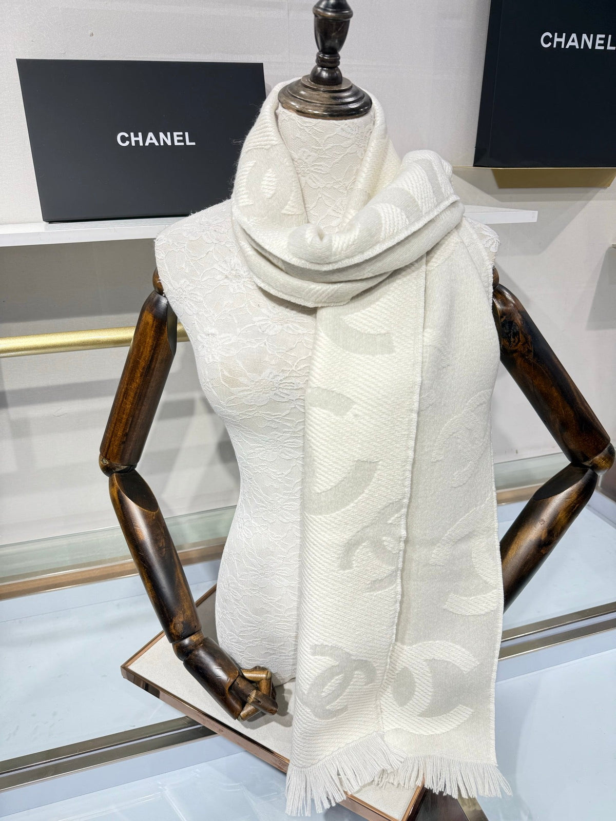 CC 26s CC Monogram Overlap Scarf 180cm Beige White Wool Cashmere 219030