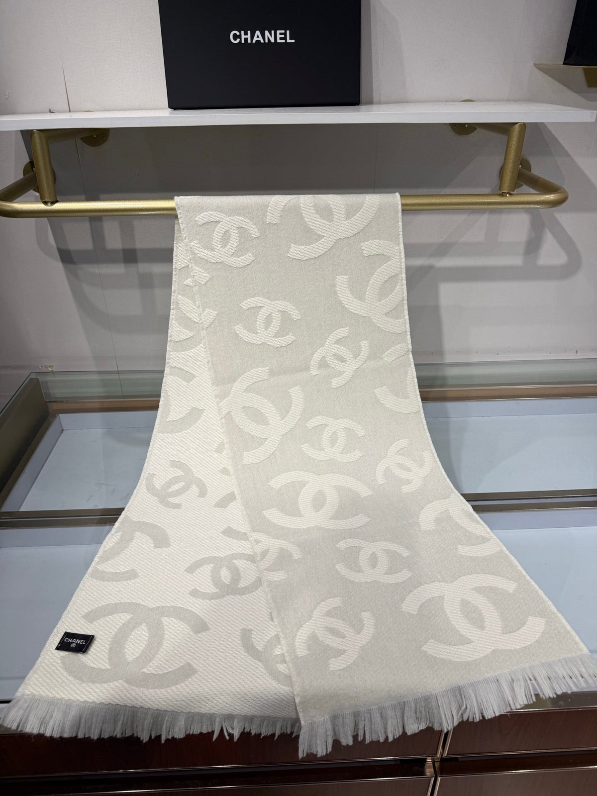 CC 26s CC Monogram Overlap Scarf 180cm Beige White Wool Cashmere 219030
