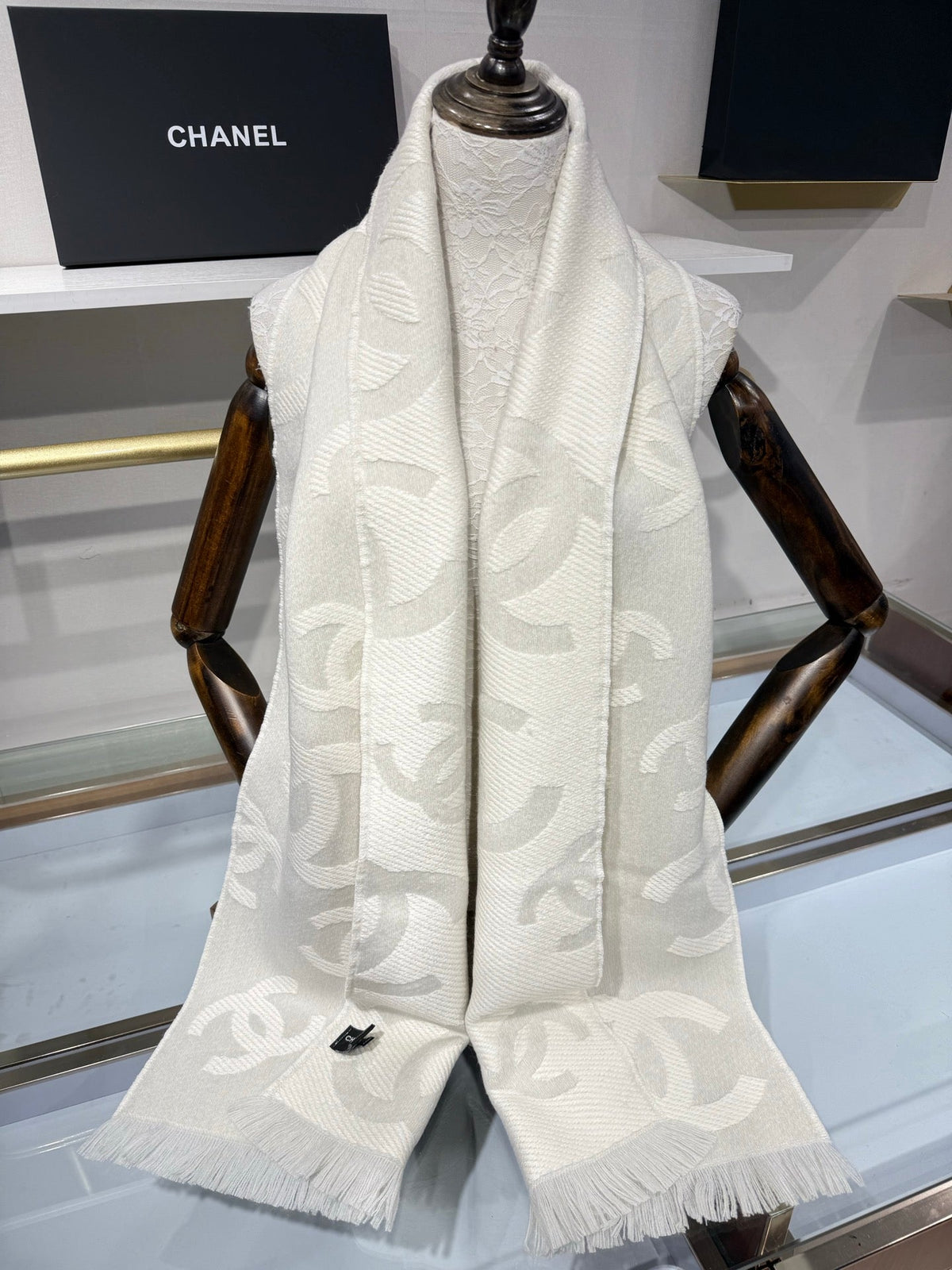 CC 26s CC Monogram Overlap Scarf 180cm Beige White Wool Cashmere 219030