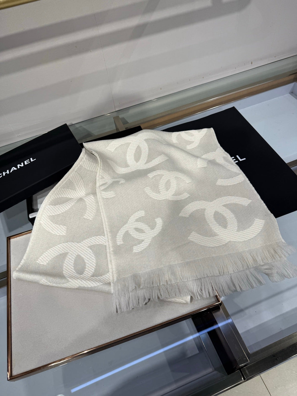 CC 26s CC Monogram Overlap Scarf 180cm Beige White Wool Cashmere 219030