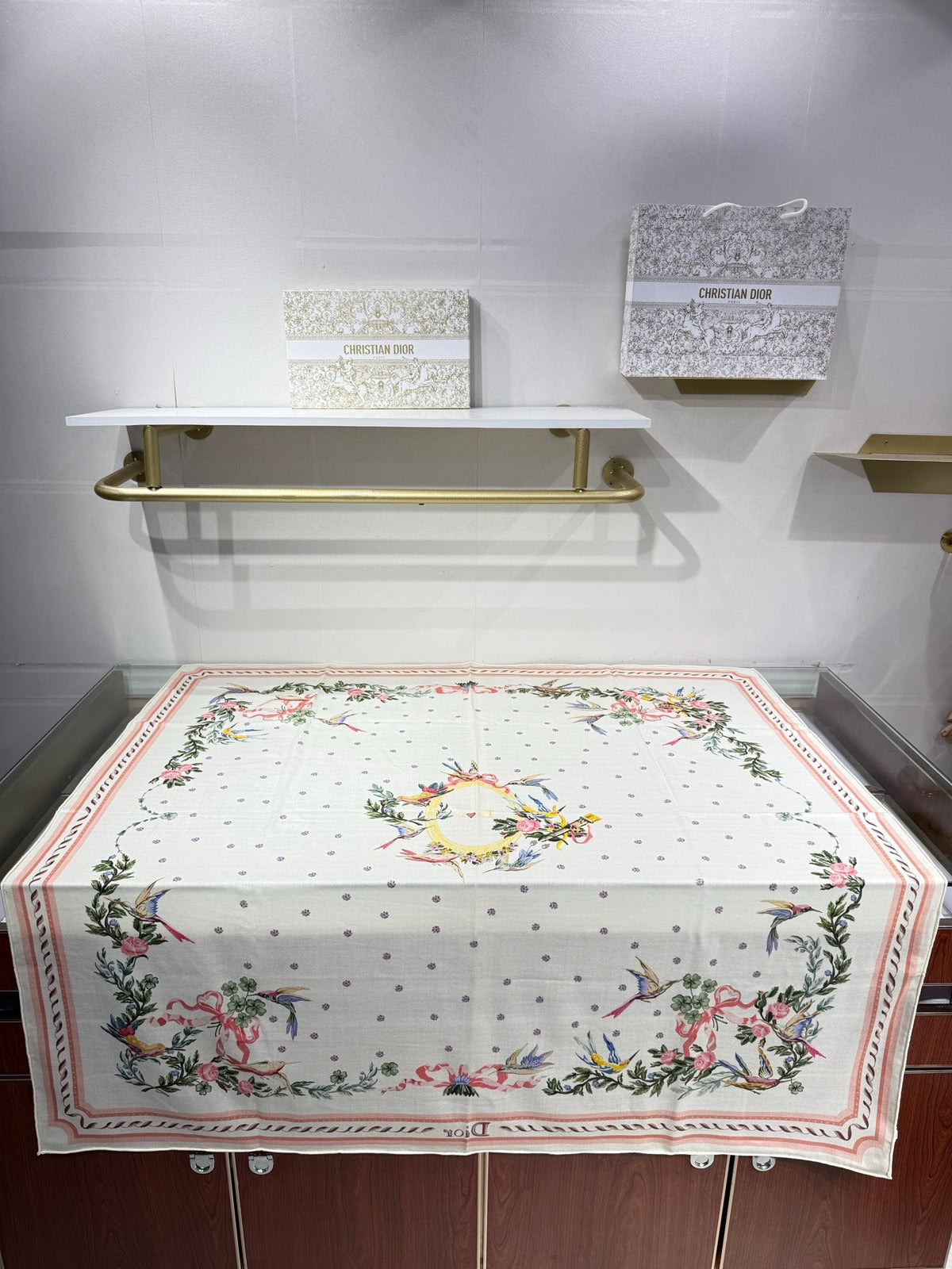 Dior 26s Toile de Jouy Flowers Scarf 140cm Off-White Pink Silk Cashmere 219449