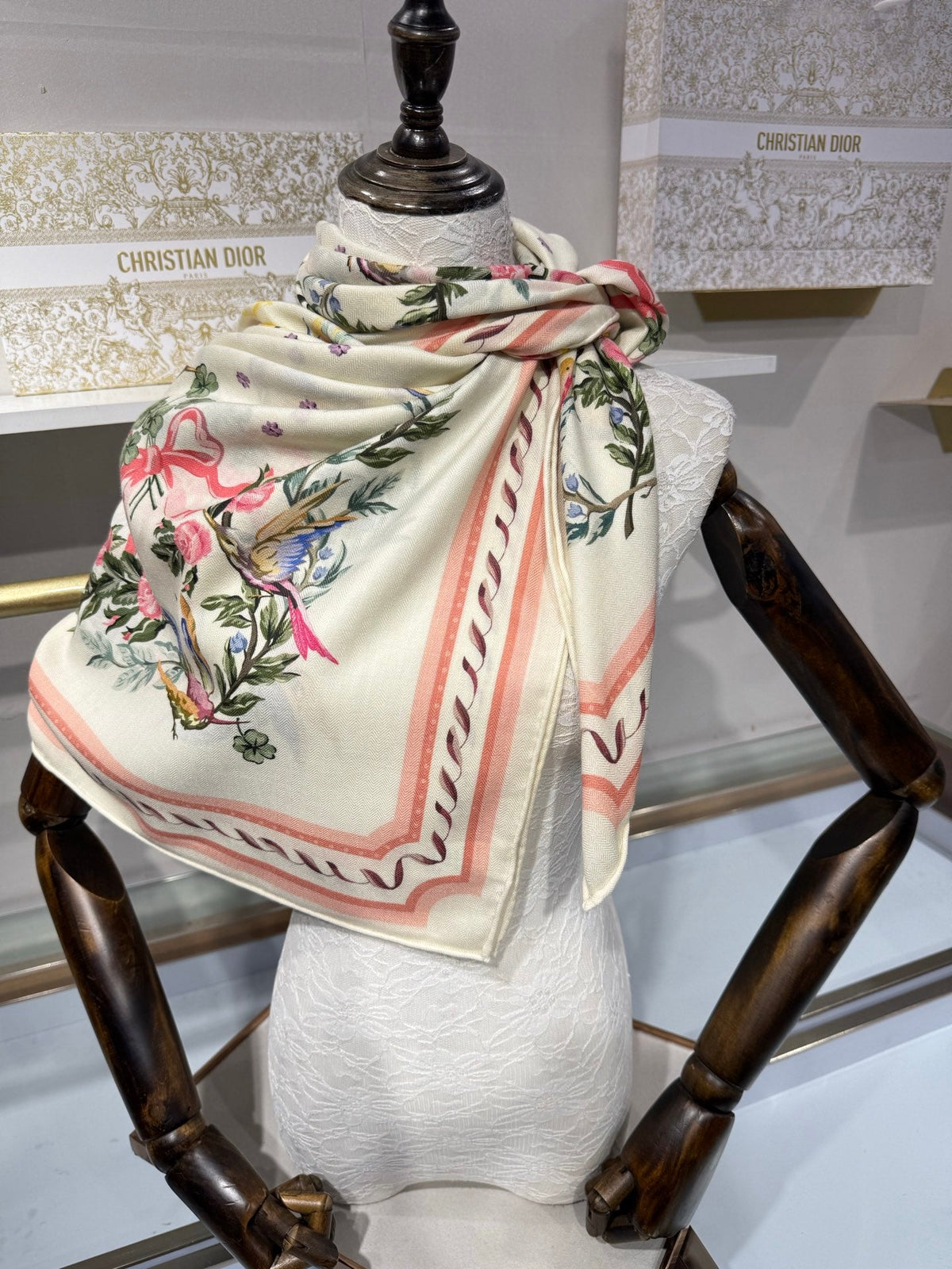 Dior 26s Toile de Jouy Flowers Scarf 140cm Off-White Pink Silk Cashmere 219449