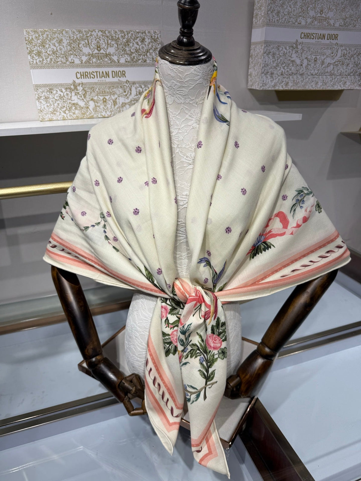 Dior 26s Toile de Jouy Flowers Scarf 140cm Off-White Pink Silk Cashmere 219449