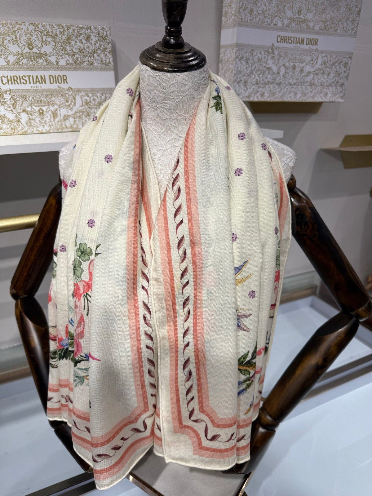 Dior 26s Toile de Jouy Flowers Scarf 140cm Off-White Pink Silk Cashmere 219449