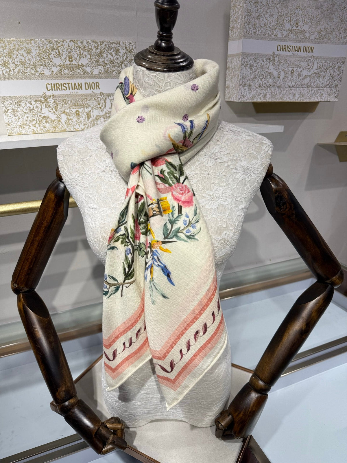 Dior 26s Toile de Jouy Flowers Scarf 140cm Off-White Pink Silk Cashmere 219449