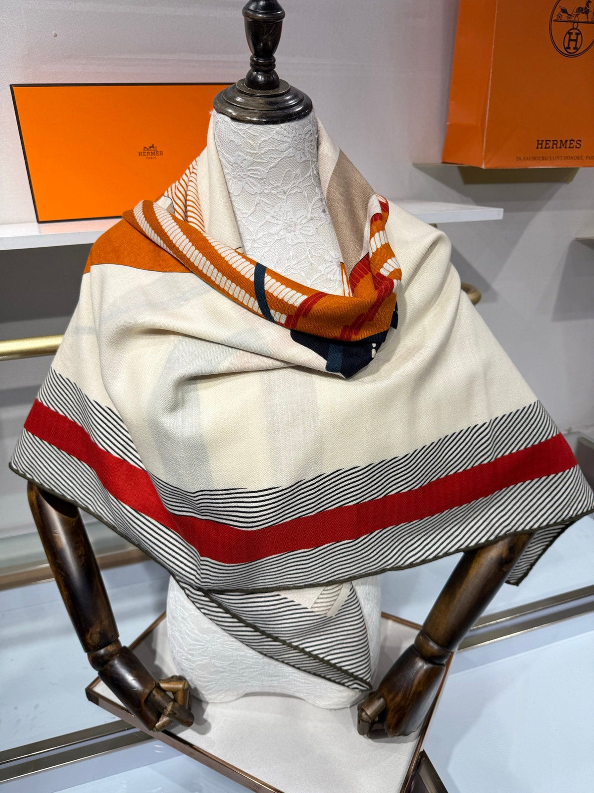Hermes 26s Cheval a la Couverture Spirale Scarf 140cm Orange Beige Silk Cashmere 219457