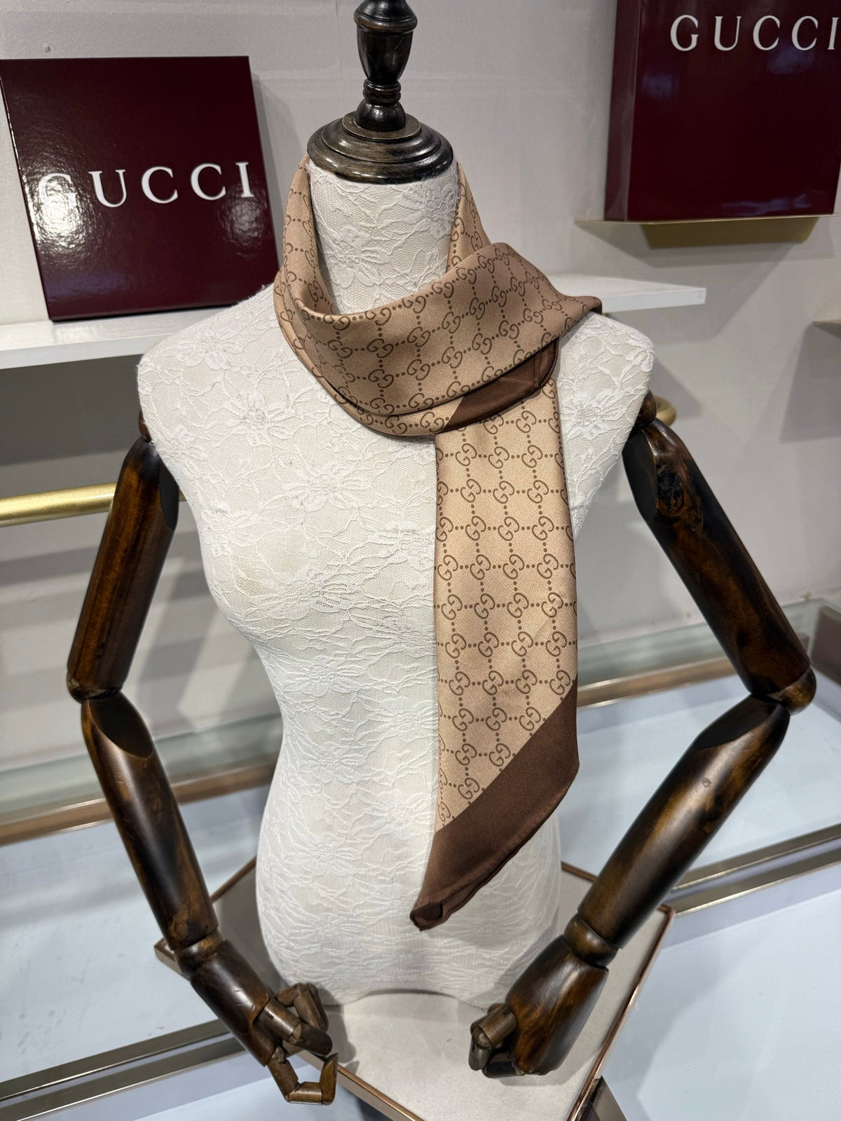 Gucci 26s GG Supreme Print Scarf 88cm Brown Beige Silk 219606