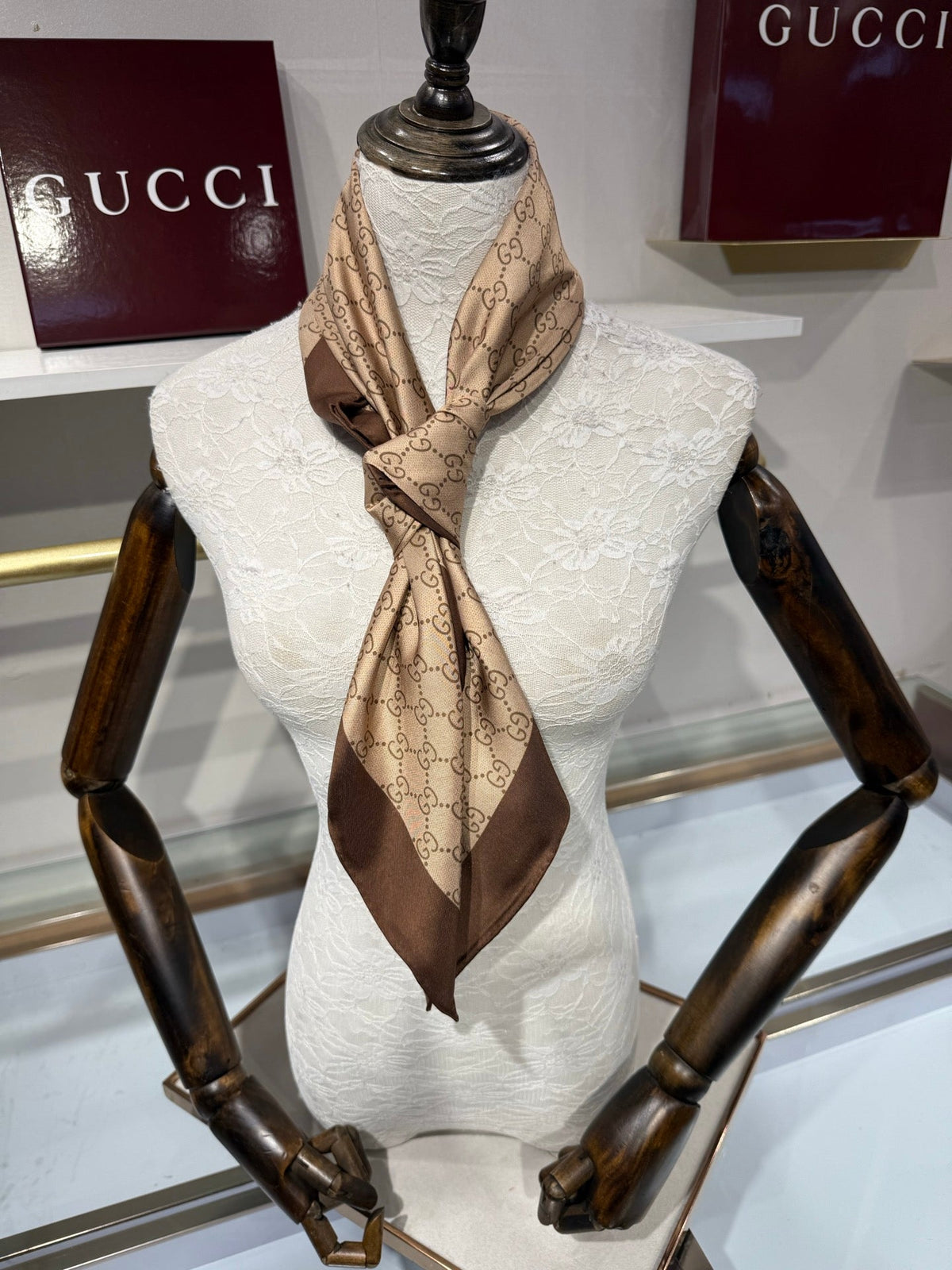 Gucci 26s GG Supreme Print Scarf 88cm Brown Beige Silk 219606