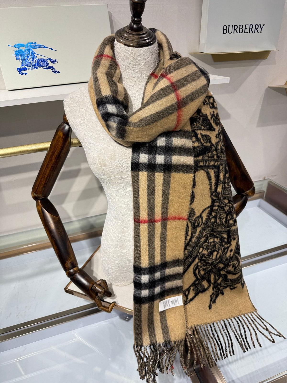 Burberry 26s Knight B Shield Jacquard Scarf 210cm Beige Black Cashmere 219691