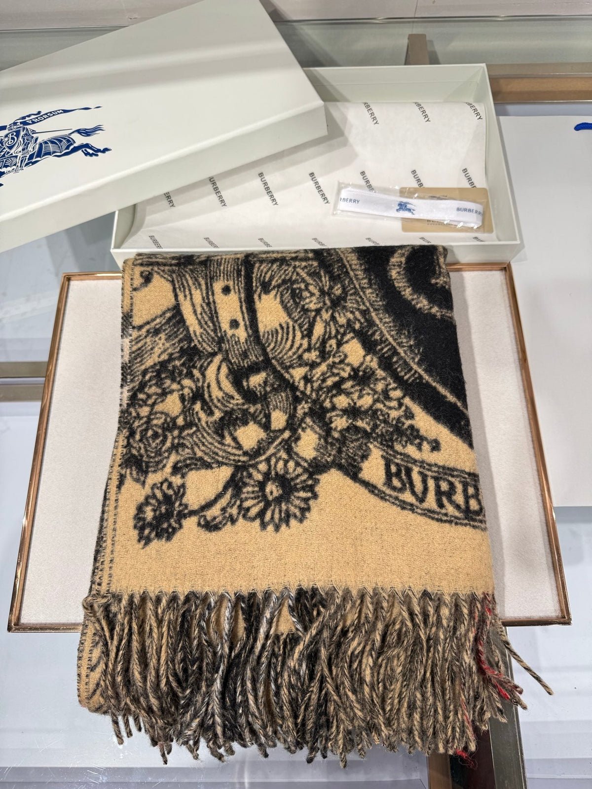 Burberry 26s Knight B Shield Jacquard Scarf 210cm Beige Black Cashmere 219691