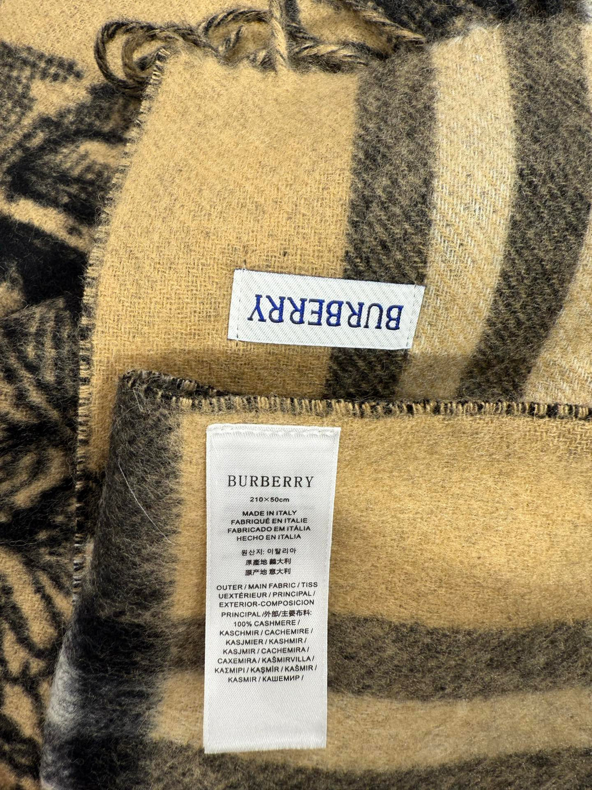 Burberry 26s Knight B Shield Jacquard Scarf 210cm Beige Black Cashmere 219691