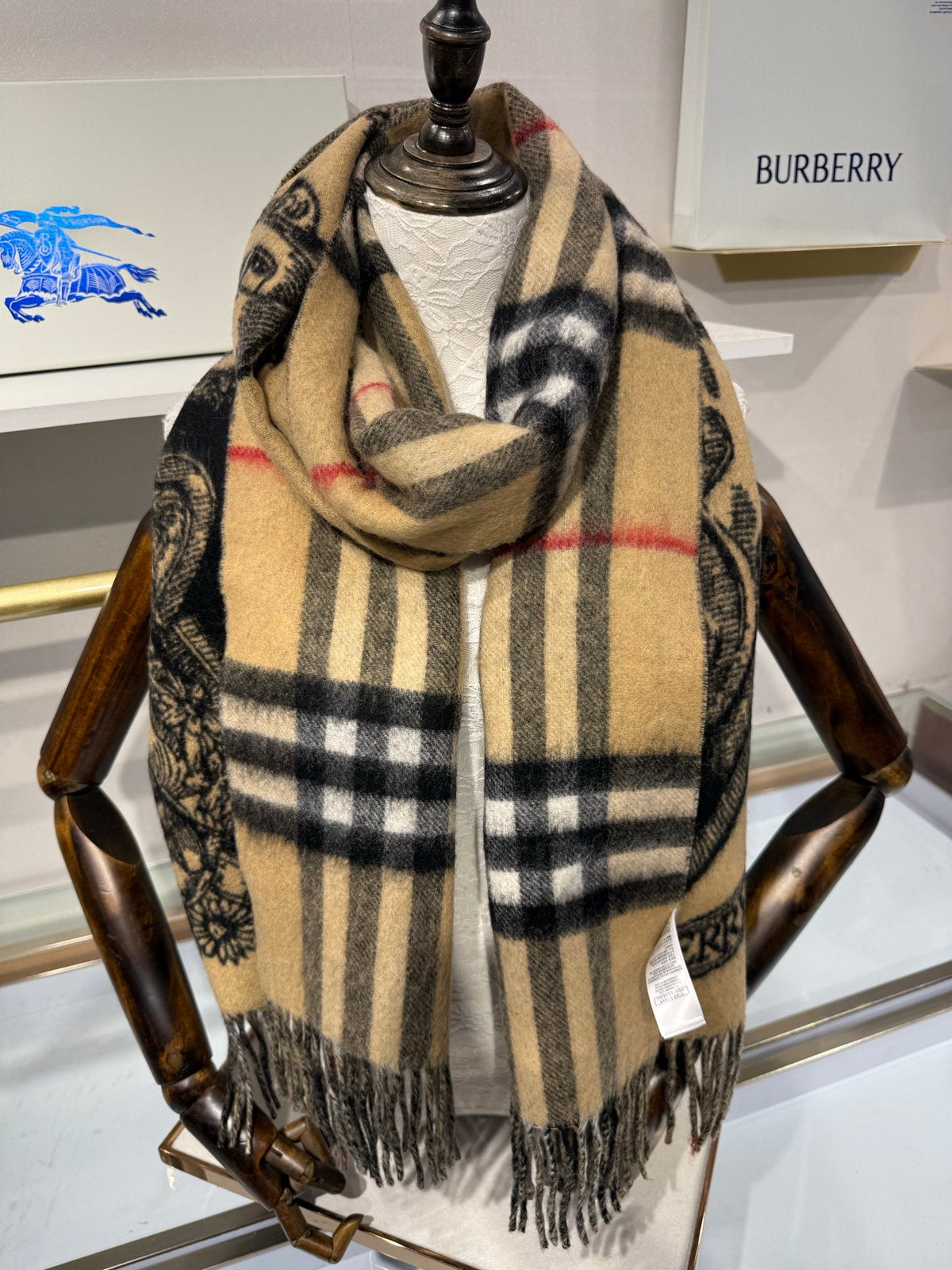 Burberry 26s Knight B Shield Jacquard Scarf 210cm Beige Black Cashmere 219691