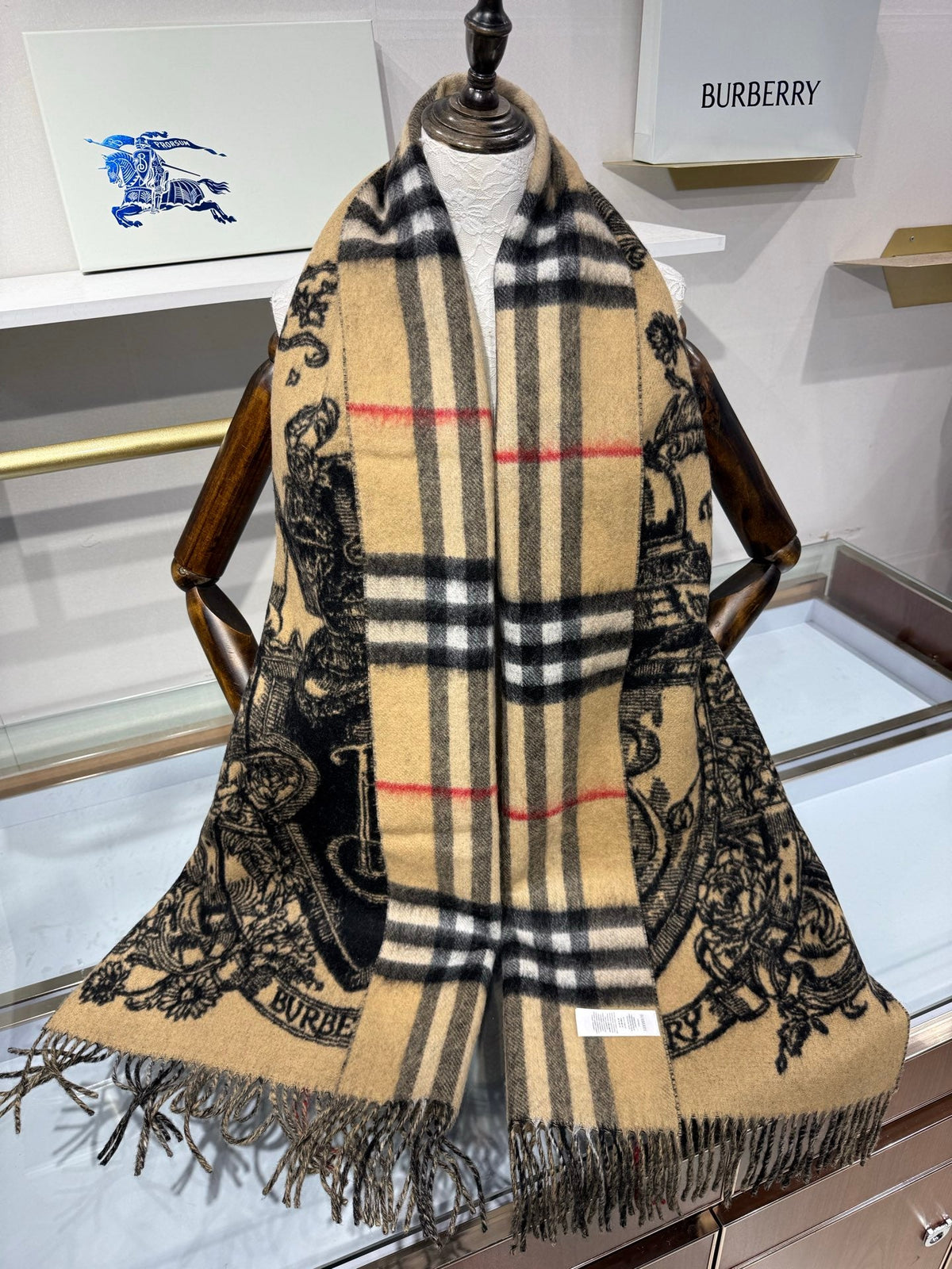 Burberry 26s Knight B Shield Jacquard Scarf 210cm Beige Black Cashmere 219691