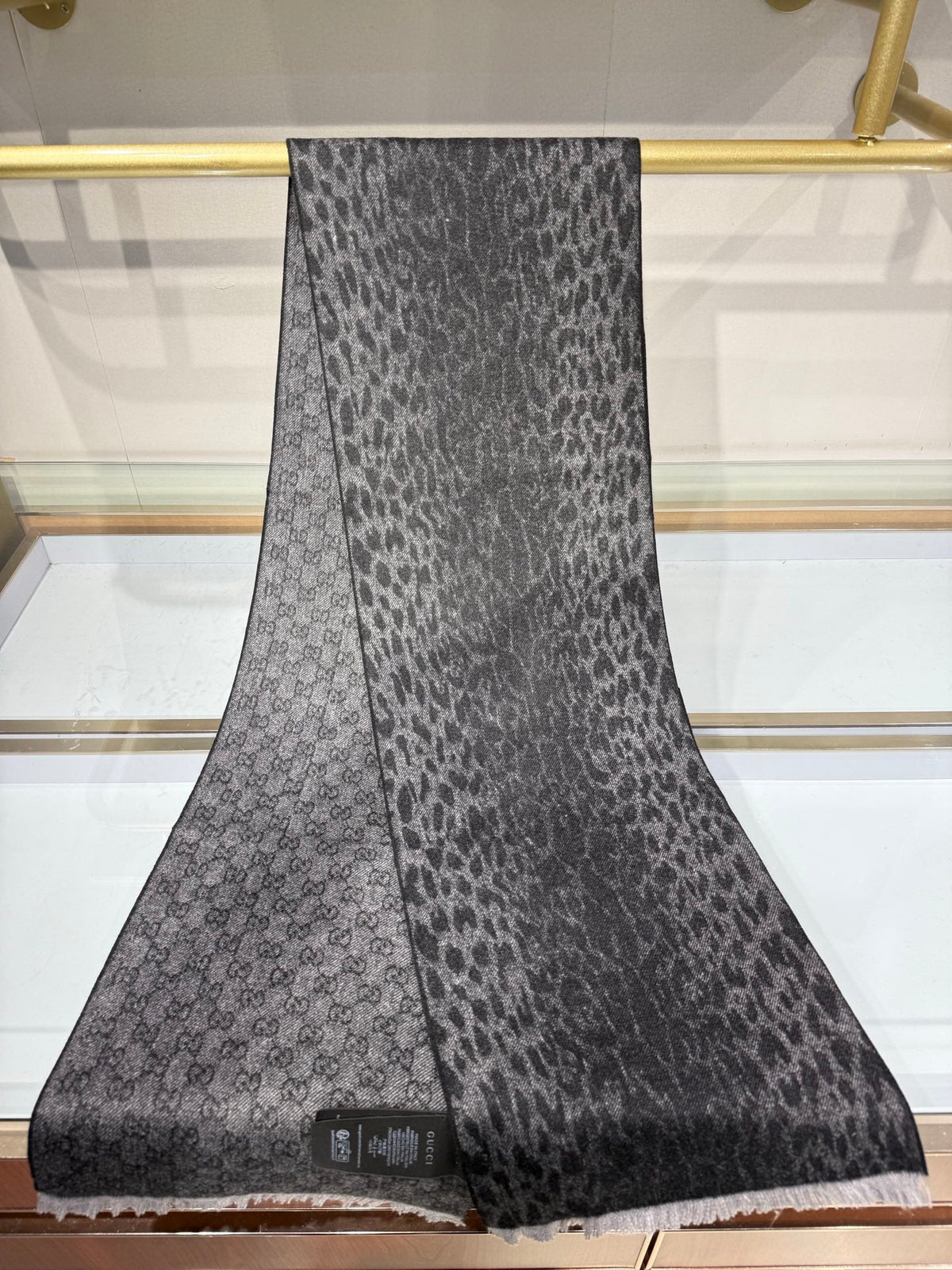 GG 26s GG Monogram Leopard Print Scarf 180cm Charcoal Black Cashmere Silk 219606