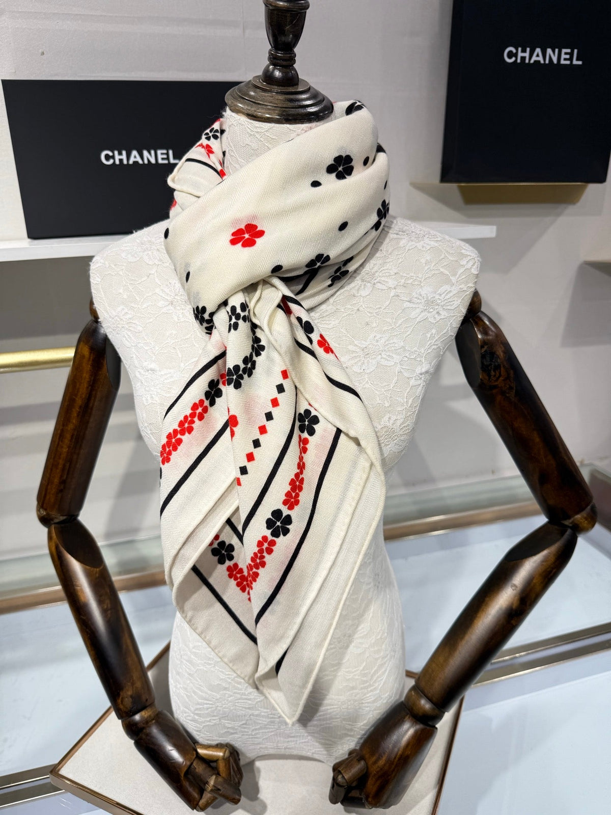 CC 26s Clover Monogram Square Scarf 140cm White Multicolor Silk Cashmere 220048