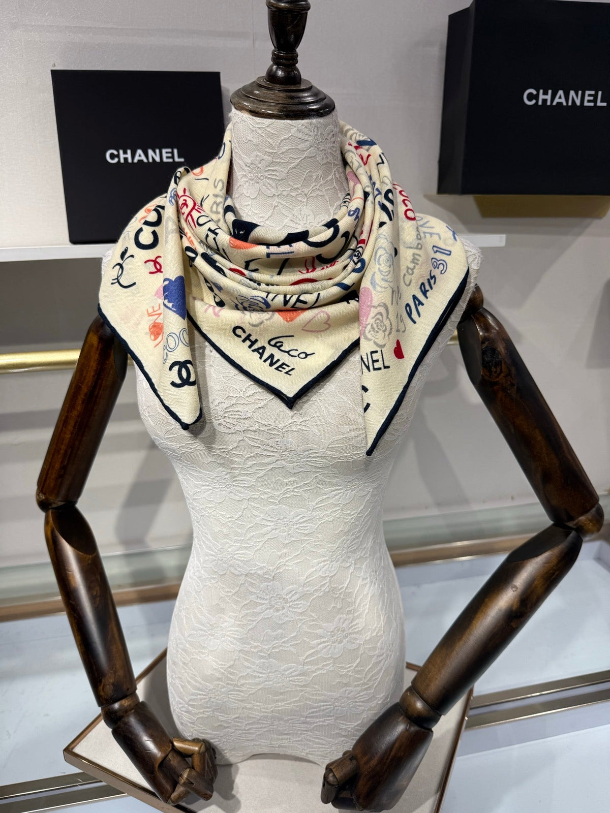 CC 26s Graffiti Typography Square Scarf 90x90cm White Multicolor Cashmere Silk 220089