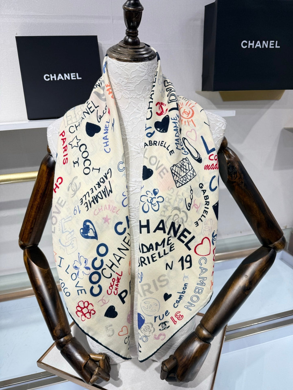 CC 26s Graffiti Typography Square Scarf 90x90cm White Multicolor Cashmere Silk 220089