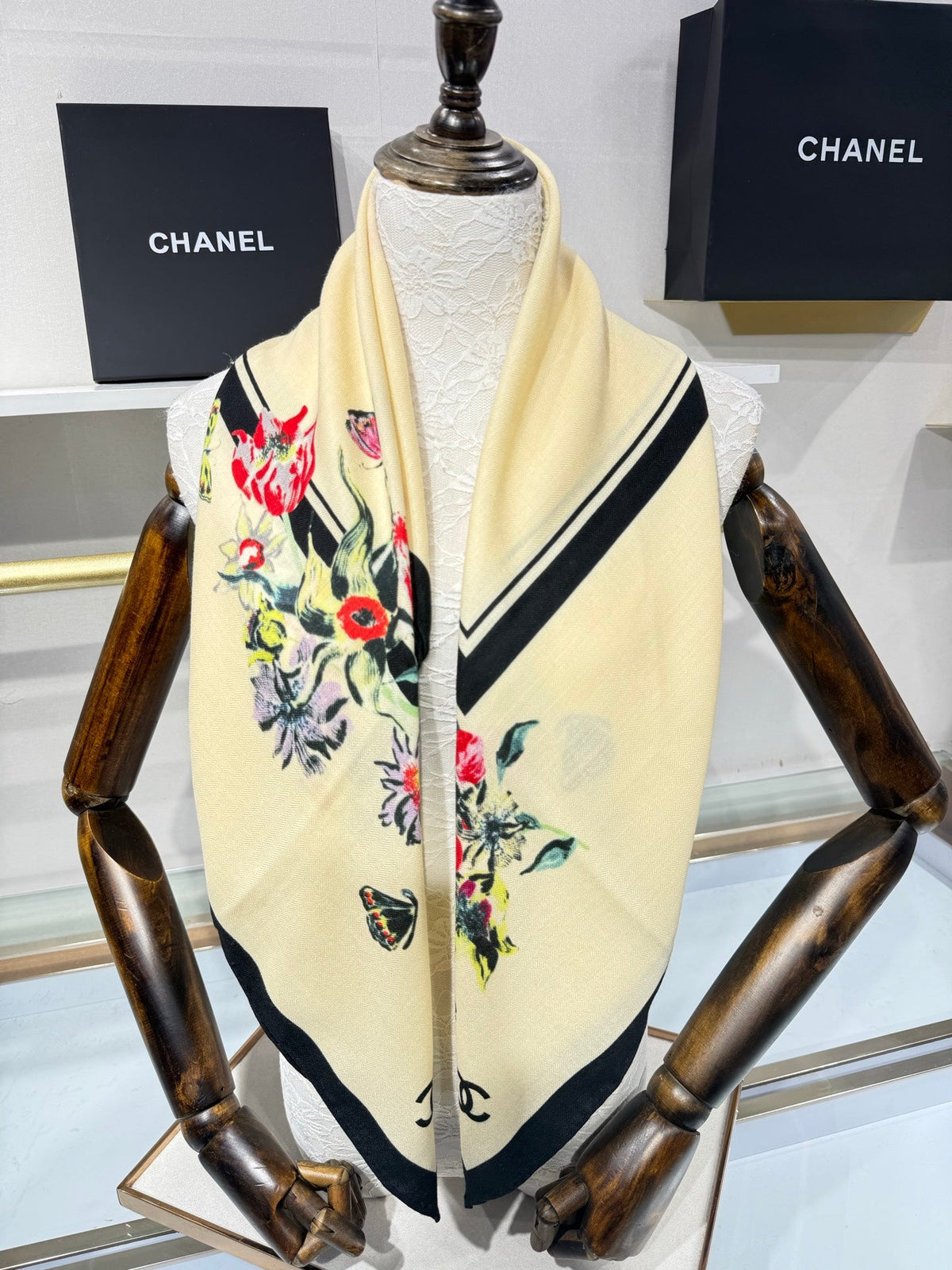 CC 26s Floral Butterfly Square Scarf 90x90cm Ivory Black Silk Cashmere 220095