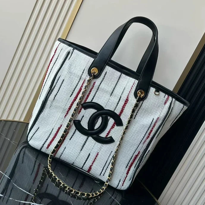 Chanel 2026 Double C Tote Bag 36cm Black White Canvas Leather